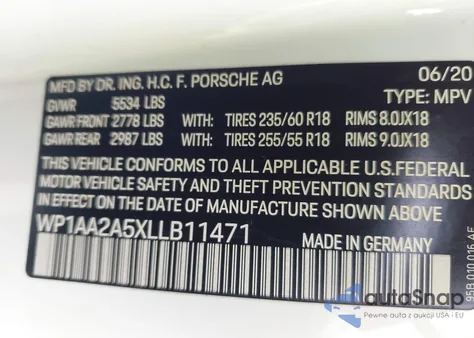 2020 Porsche Macan z USA, uszkodzony, nr VIN WP1AA2A5XLLB11471